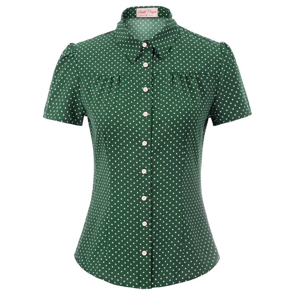 Women Shirt Retro Vintage Polka Dots Short Sleeve Shirts Summer Office Lady Casual Slim Design Square Collar Curved Hem Shirt