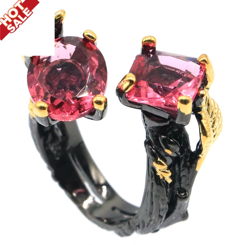 

26x15mm 9.5g Ring For Women Gothic Unique Black Gold Color Party Created Pink Morganite Street Hiphop Fine Jewelry