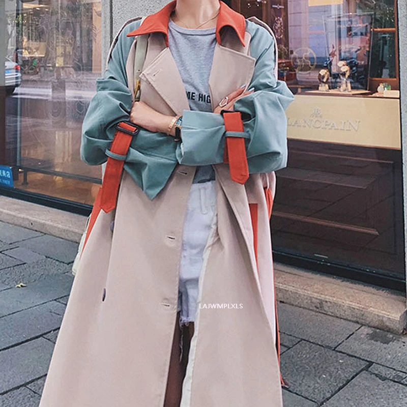 2022 Korean New Autumn Fashion Color Block Trench Coat Women Streetwear Red Belt Pocket Coat Trench Coat Women Spring FY135