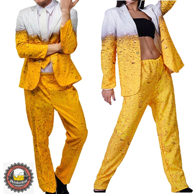 Oktoberfest Suit For Man Women Beer Cosplay Yellow Long Sleeve Jacket Pants Set Halloween Carnival Stage Performance Costumes