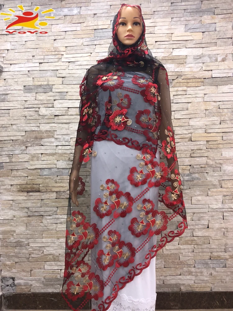 New African Women Scarf  Muslim Hijab Samll flower desgin Embroidery Big Net  with beads for SHAWLS WRAPS HB030