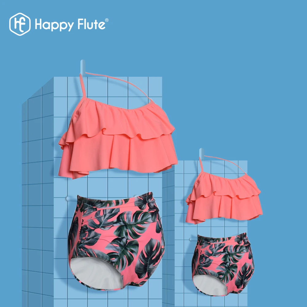 HappyFlute New  Sling Design Fashion Parent-child Printed High Waist Bikini Ruffled Mother&Daughter Swimsuit