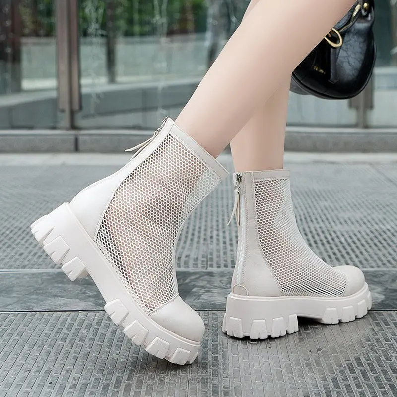 Summer Ankle Boots Women Chunky Heel Knee-length Boots Woman Shoes Brand Female Round Toe Zipper Boots Lasdies Fashion Comfort