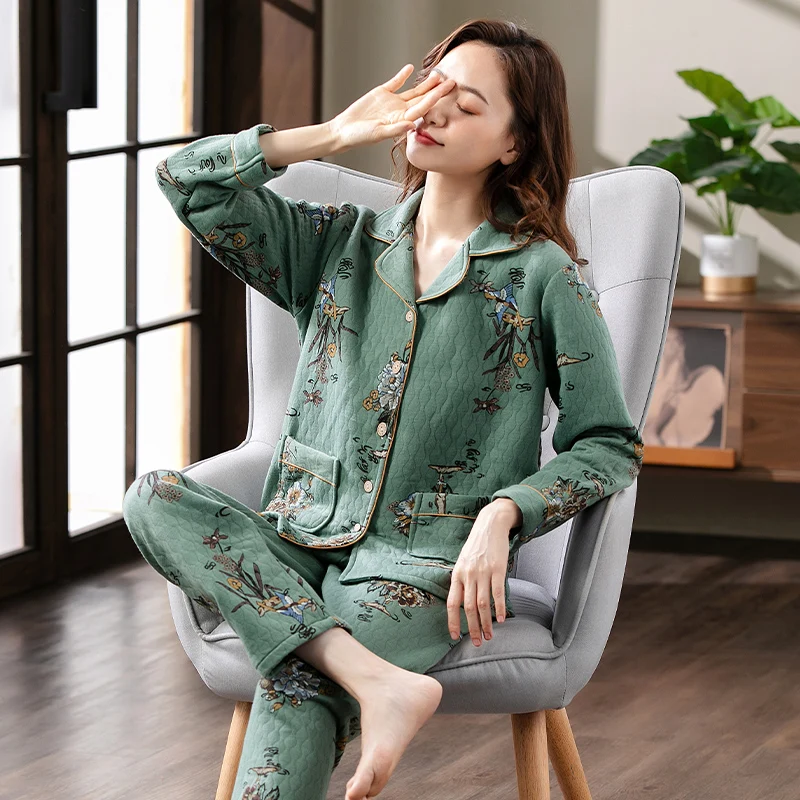 

Pyjamas female autumn winter thick long-sleeved laminated air cotton home service female warm elegant floral thin quilted suit