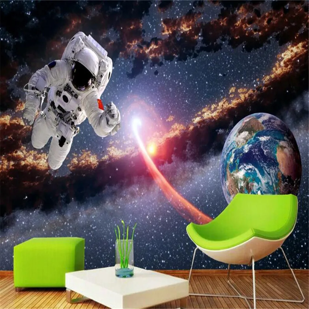 Milofi wall covering wallpaper mural 3D three-dimensional universe astronaut earth planet solar system milky way background