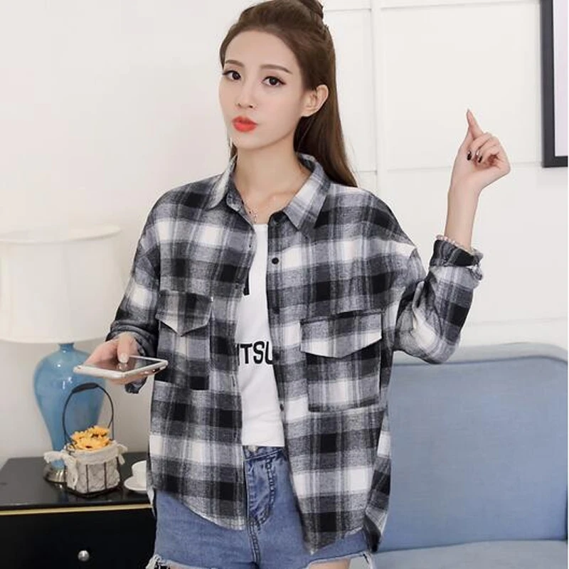 White and Black Spring and Summer Women Shirts New Plaid Women Long Sleeve Shirt Summer Loose Wild Ladies Blouse