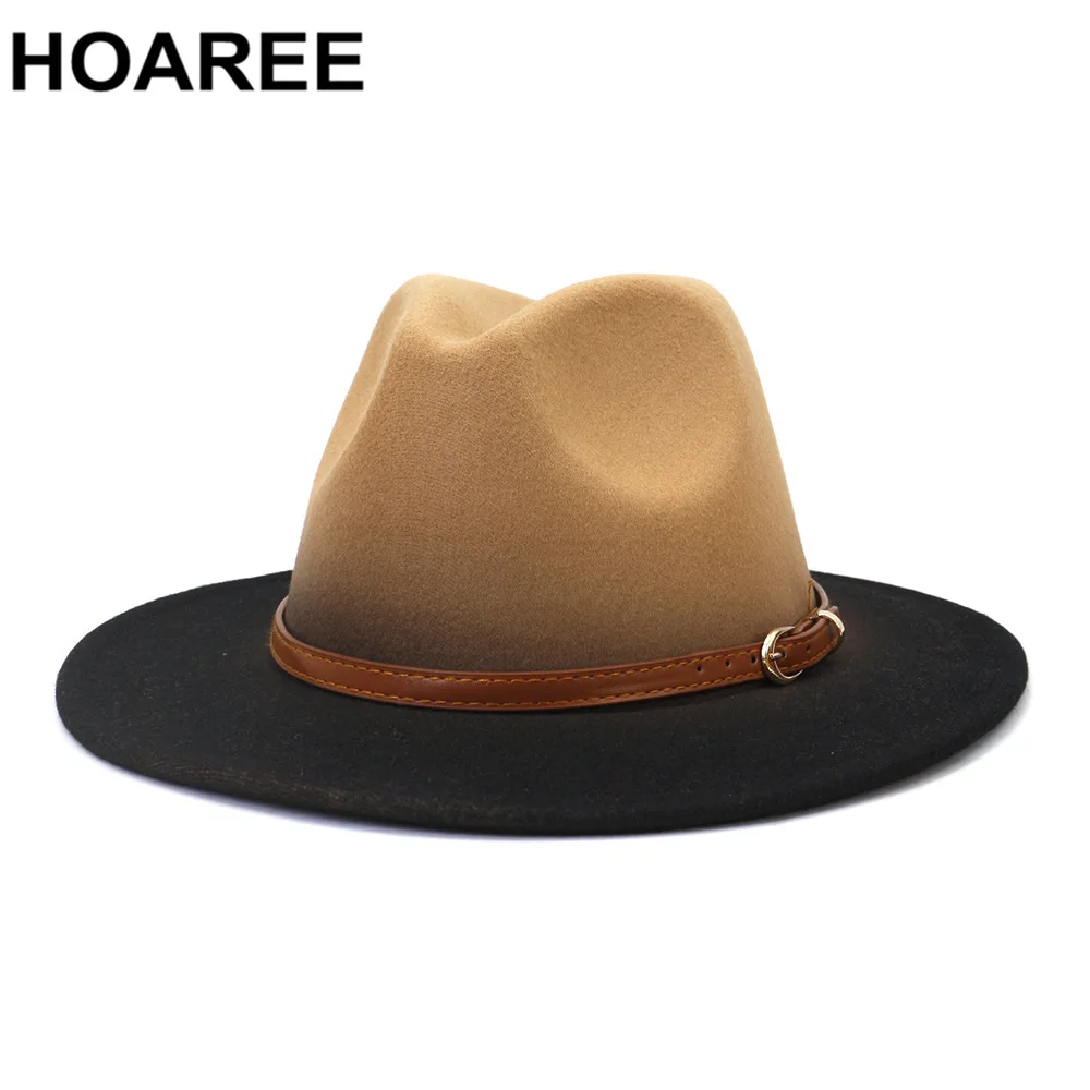HOAREE Gradient Color Hats for Women Men Fedora Hat Autumn Winter Wide Brim Jazz Caps British Vintage Panama Womens Felt Hat