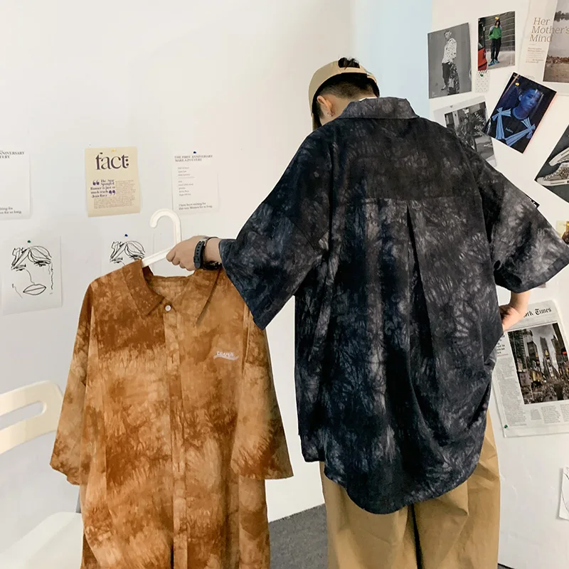 Summer 2021 new shirt men's short sleeve Korean casual loose jacket trend tie dyed shirt handsome thin shirts рубашка мужская