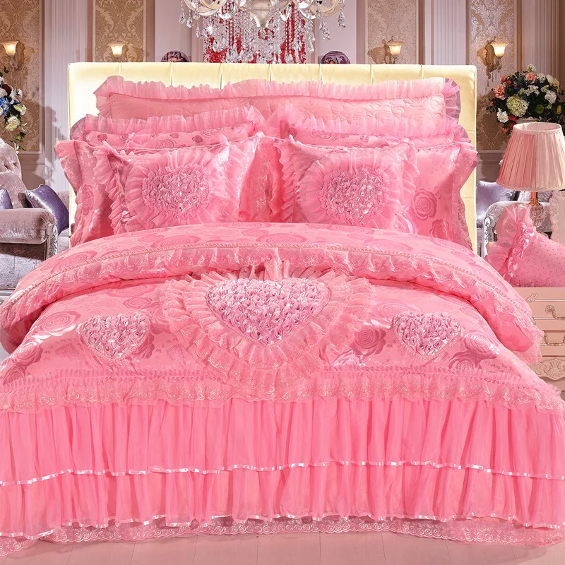 

Heart-shaped Lace Princess Wedding Bedding Set Luxury Pink Red Jacquard Duvet Cover Bed Sheet Bedspread Pillowcases Cotton