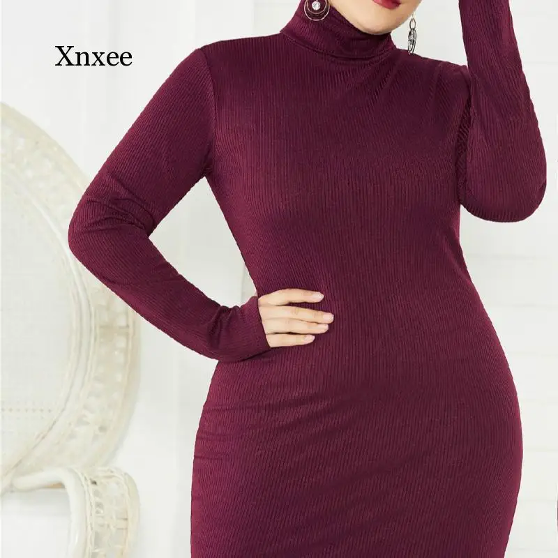 Autumn and Winter Women's Sweater Knit Dress Slim Fit Stretch High Neck Long Sleeve Sexy Ladies Tight Robe Skirt