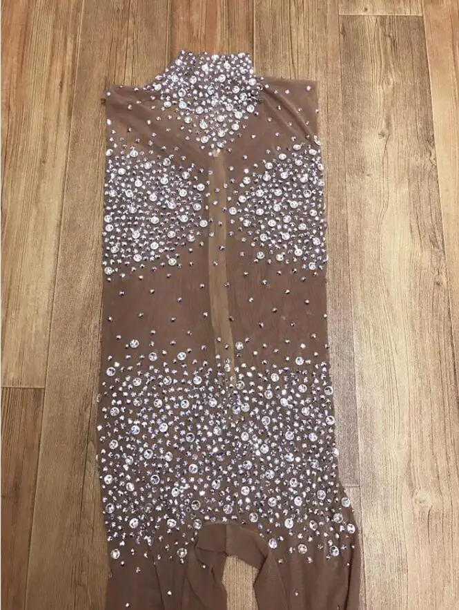 Sexy Tan See Through Mesh Silver Rhinestone Jumpsuit Transparent Leggings Dancer Prom Outfit Evening Birthday Celebrate Rompers