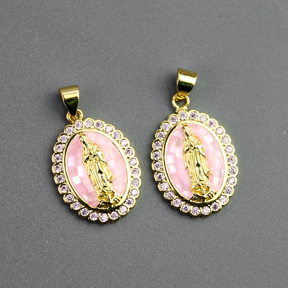 Real Shell Virgin Mary Pendant Zircon Pink Guadalupe Christian Amulet Pendant DIY Necklace Accessories Charms for Jewelry Making