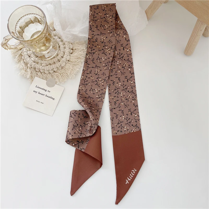 Luna&Dolphin Women Narrow Long Scarf 95x6cm Gentle Floral Elegant Chiffon Silk Tie Flower Printed Bag Ribbon Headbands Choker