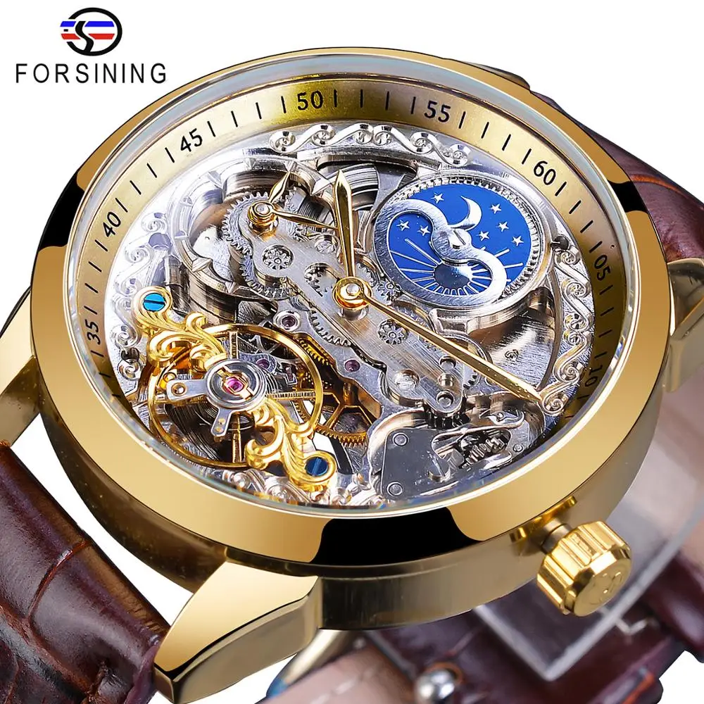 Forsining-relojes mecánicos automáticos para hombre, reloj dorado con correa de cuero genuino, informal, resistente al agua, fase lunar, Erkek Kol Saati