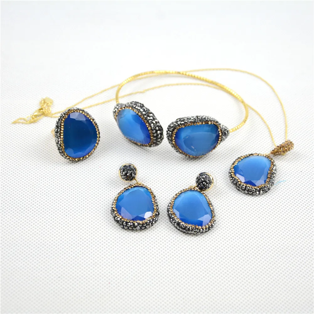 Luxury Women Fine Jewelry Set Accessories Blue Stone Cryatsl Black Macarsite Pendant Necklace Earrings Bracelet Ring Fashion New