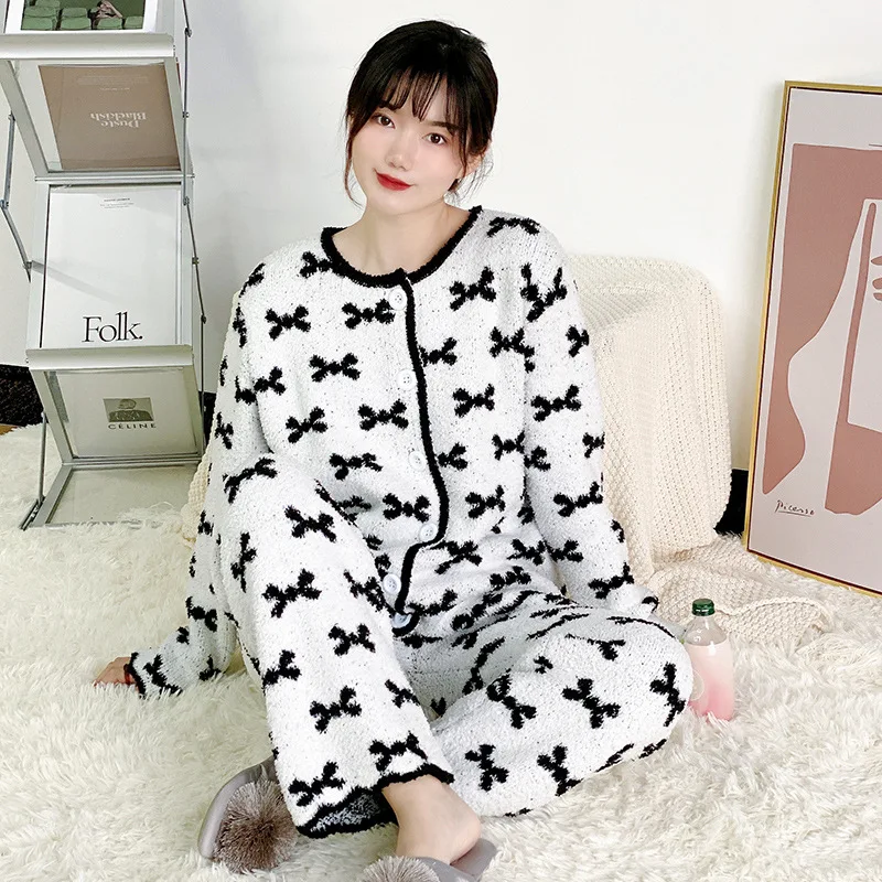 Bow Print Sleepwear Suit Autumn Winter Long-Sleeved Pajamas 2-Piece Set Keep Warm Pijamas Women's Pyjamas Nightwear Home Clothes