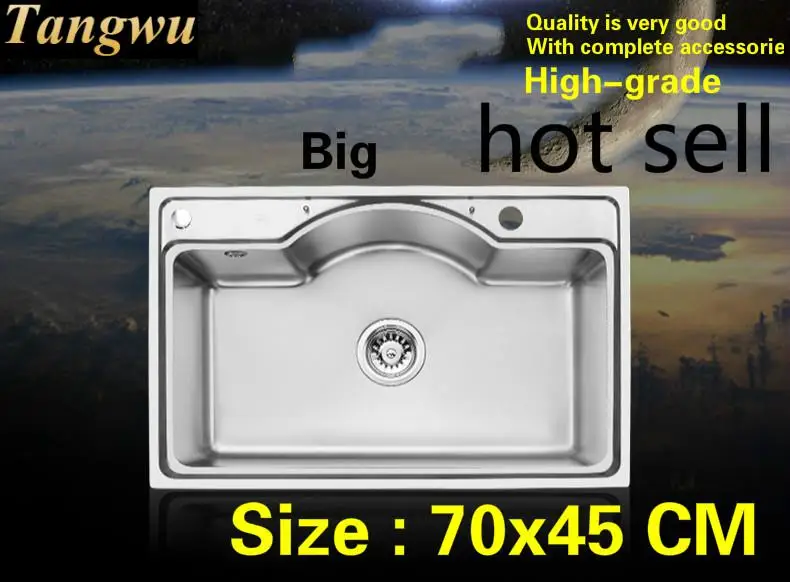 

Free shipping Standard big kitchen single trough sink durable food grade 304 stainless steel luxury hot sell 70x45 CM