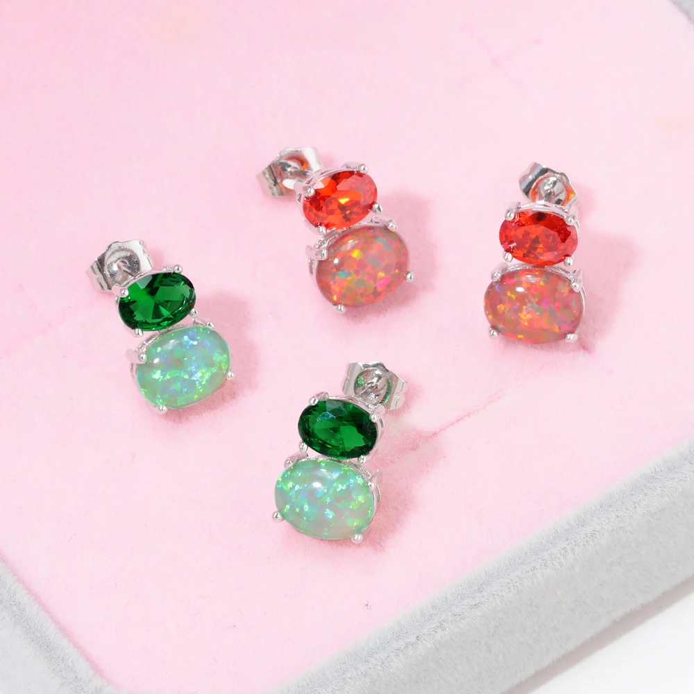 CiNily Orange & Green Fire Opal Stone Stud Earrings Silver Plated Red Garnet Mini Cute Summer Jewelry Best Gifts for Woman Girl