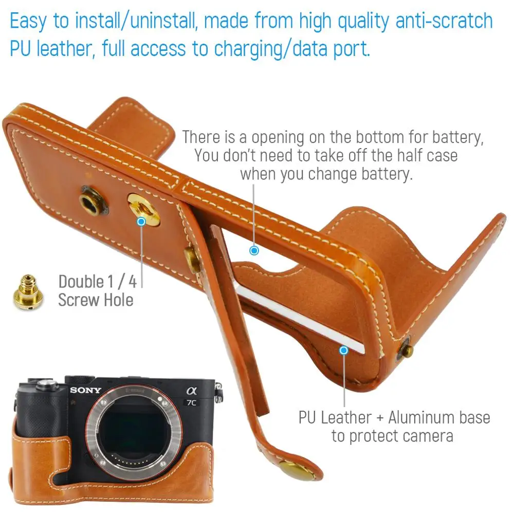 Da PU Kỹ Thuật Số Máy Ảnh Bỏ Túi Với Dây Đeo Cho Sony Alpha 7C A7C Với 28-60M FE4-5.6 / FE 50Mm F1.8 Ống Kính
