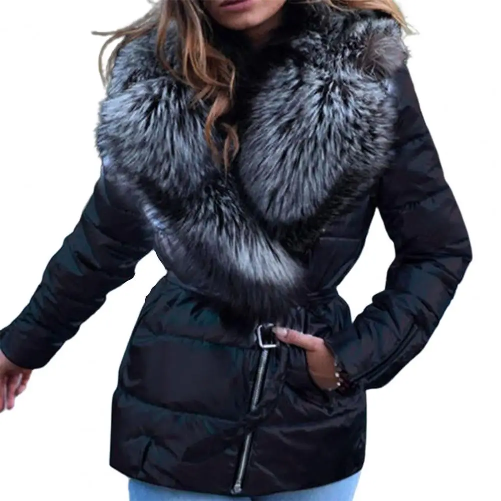 Women's winter jacket Slash Zipper Belt Bright Surface Women Jacket Winter Women Faux Fur Collar Puffer Jacket for Fall Winter