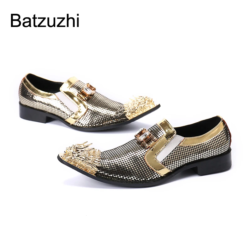 

Batzuzhi New Rock Men Shoes Personality Golden Metal Toe Leather Dress Shoes Men Formal Business,Party and Wedding Shoes Men