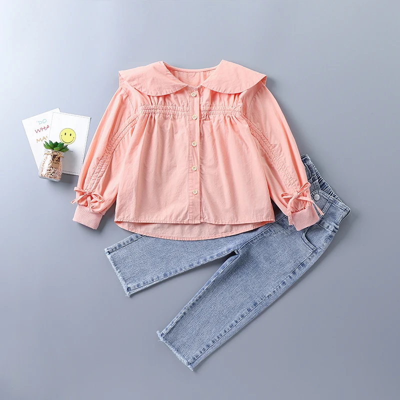 Conjunto de roupas para meninas de 2 a 7 anos, nova moda outono 2021, camisa branca laranja + calça jeans, roupa infantil