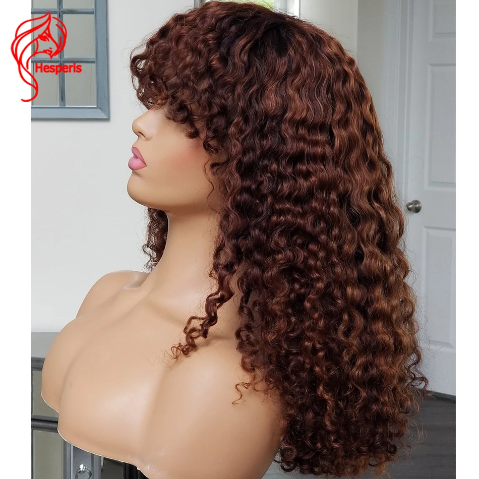 Hesperis Brown Deep Curly Full Machine Made Wigs With Bang Brazilian Remy Scalp Top Curly Human Hair Wig With Bangs For Women