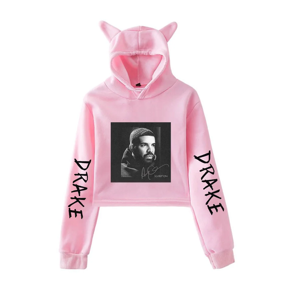 

Hip Hop Rapper Drake Crop Top Hoodie Hip Hop Streetwear Kawaii Cat Ear Cropped Short Sweatshirt Hooded Pullover Women Tops