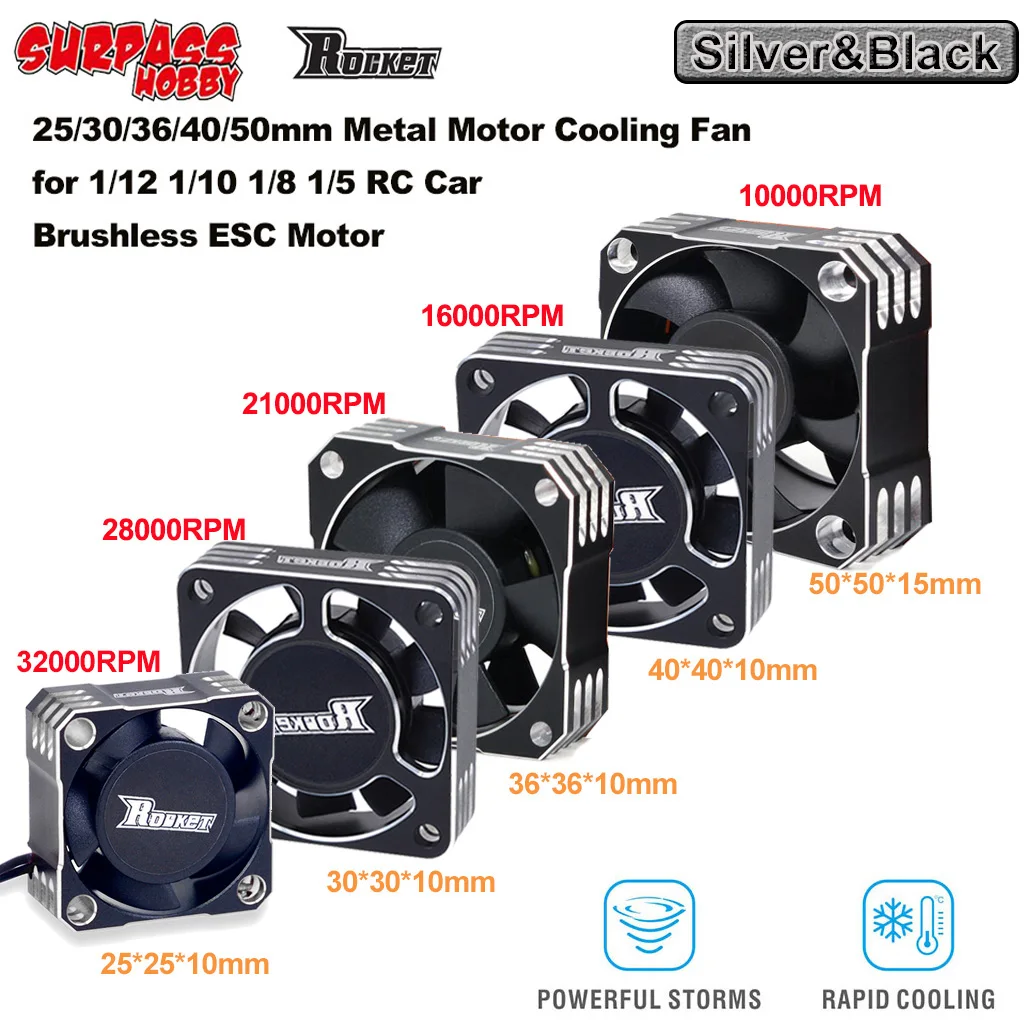 Rocket Surpass Hobby 25mm 30mm 36mm 40mm 50mm Aluminum Metal Cooling Fan For RC ESC Motor Heat Dissipation-Silver&Black