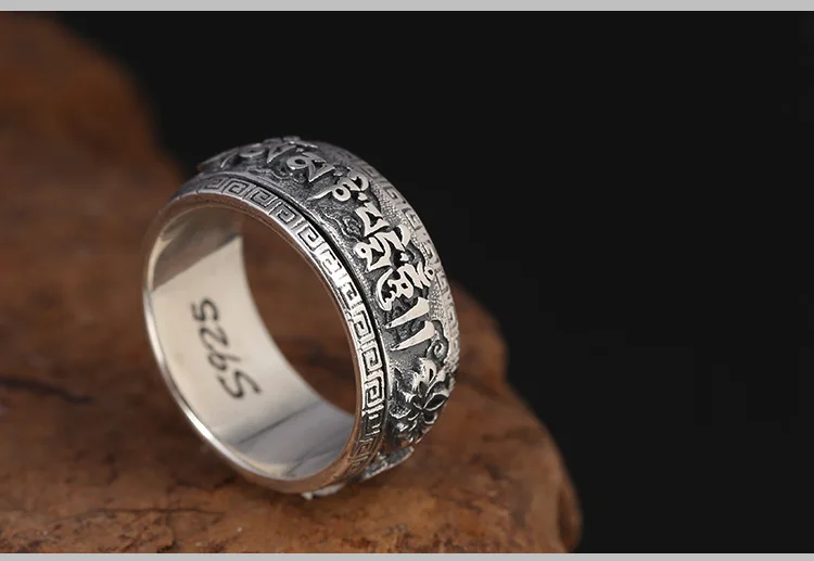 Bague en argent sterling 925 pour hommes, bijou vintage en argent thaïlandais, bague tournante, mantra à six caractères