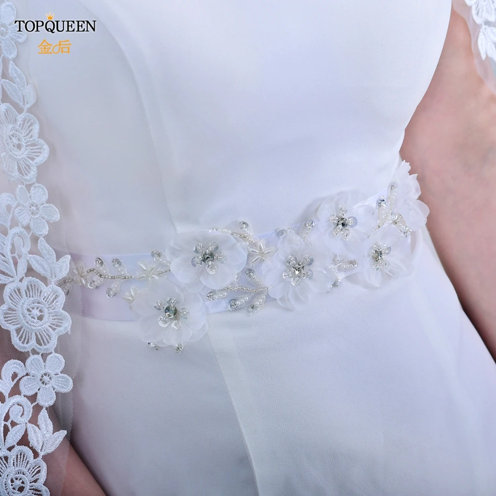 TOPQUEEN Braut-Hochzeitsgürtel, Applikationsgürtel mit Blumen, Brautaccessoires, Schärpe, weiße Blumengürtel für Damen, Taillengürtel S249-4