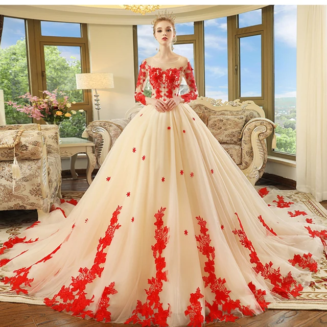 Vestido De novia De lujo con cola De la campana Princesa roja apliques De perlas manga larga AliExpress