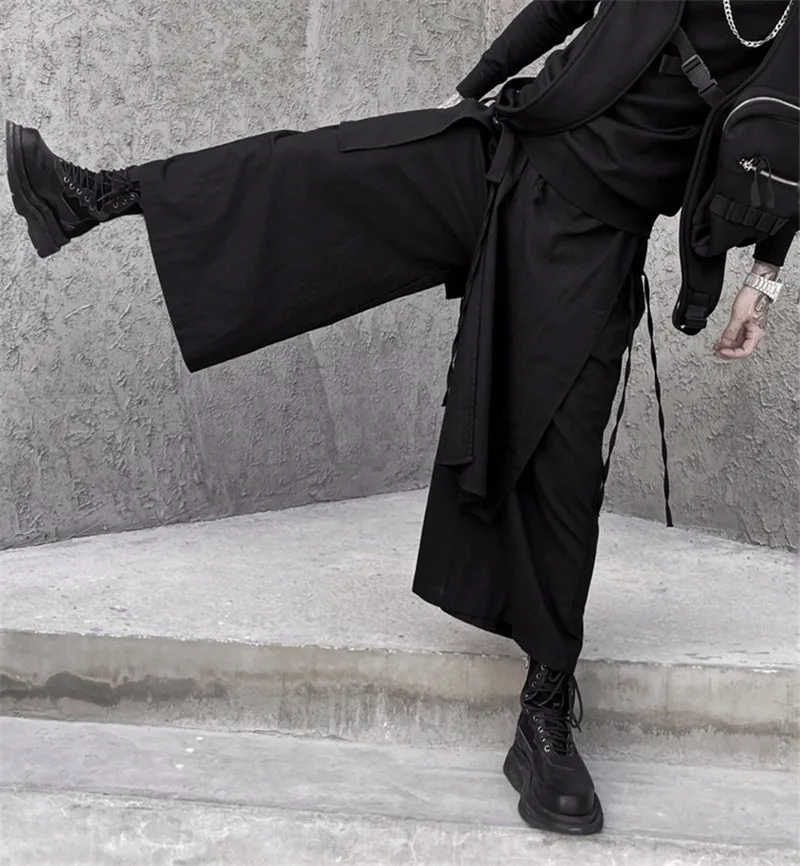 

dark black skirt pants male ins loose wide-leg casual pants niche design irregular nine-point pants