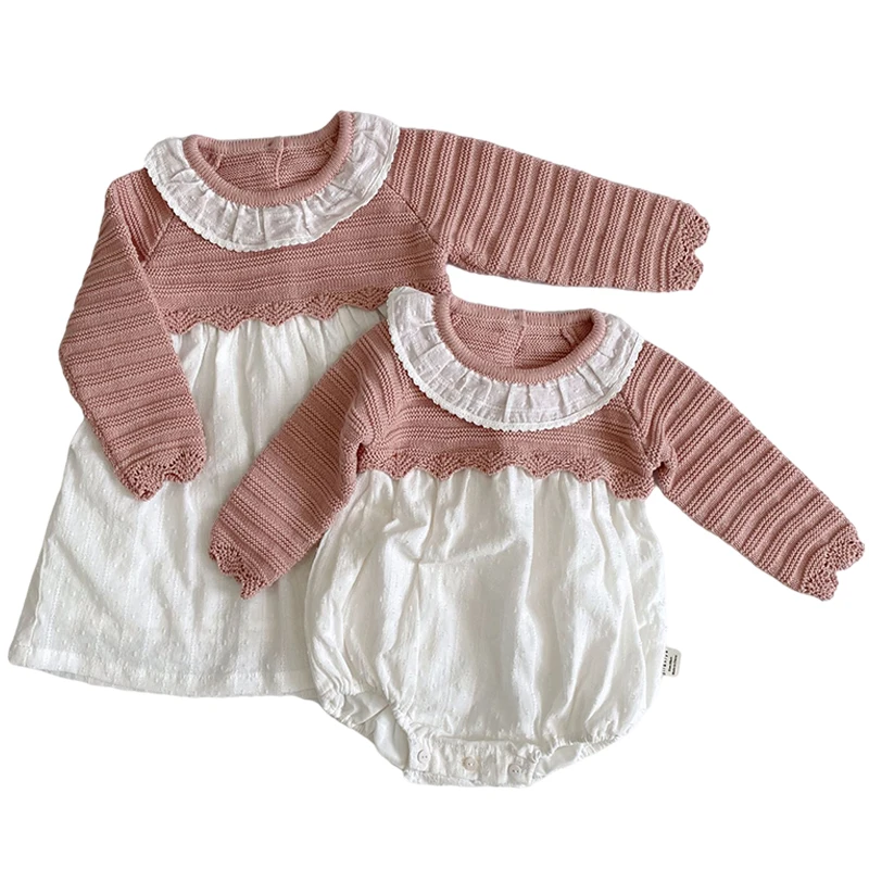 2023 Pastoral Syle Kids Sweaters Sisters Clothes Mathcing Knitted Clothes Knit Flowers Dress Baby Girls Knitted Rompers Party