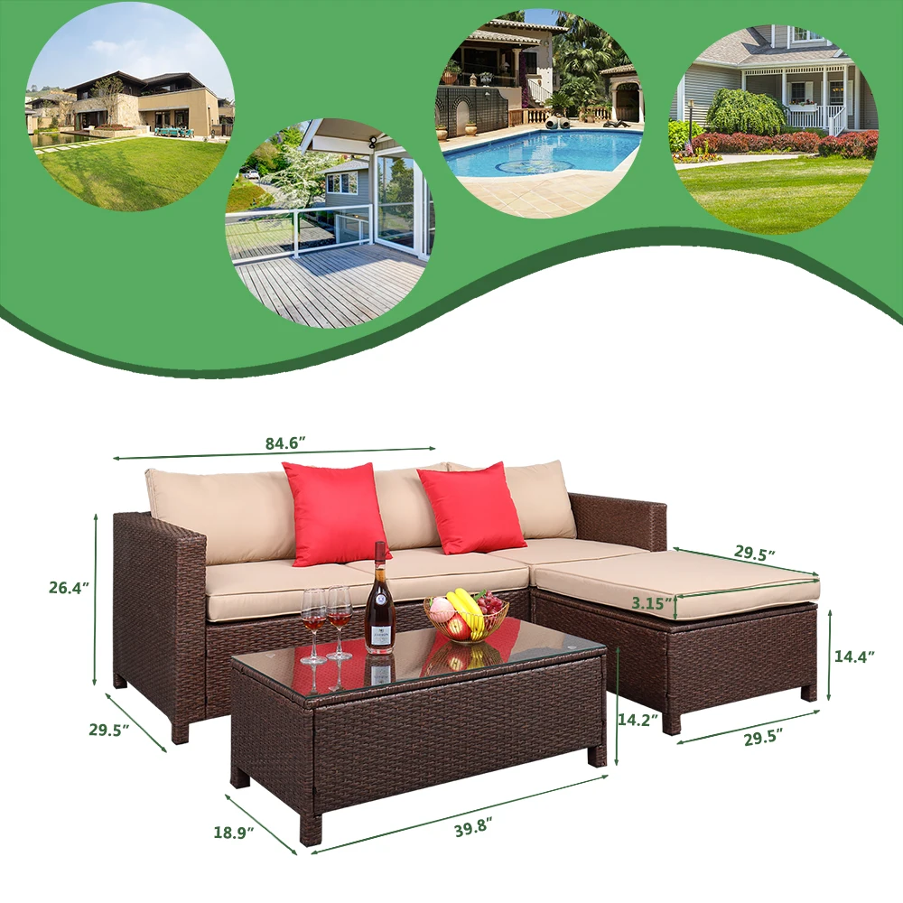 Patio Furniture 5Pcs Set Rattan Sofa Hanging Legs 2 Corners 1 Sofa Without Armrests 1 Foot Drag 1 Rectangular Coffee Table Brown