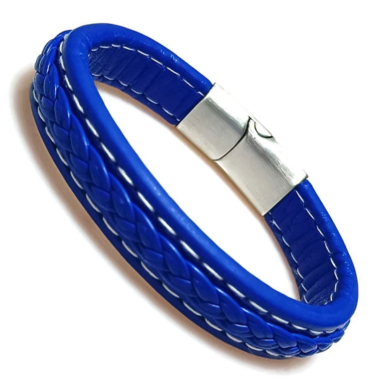 مضفر اللون الأزرق أساور جلدية للرجال شارة Heren العصرية أساور جلد طبيعي مع مشبك مغناطيسي