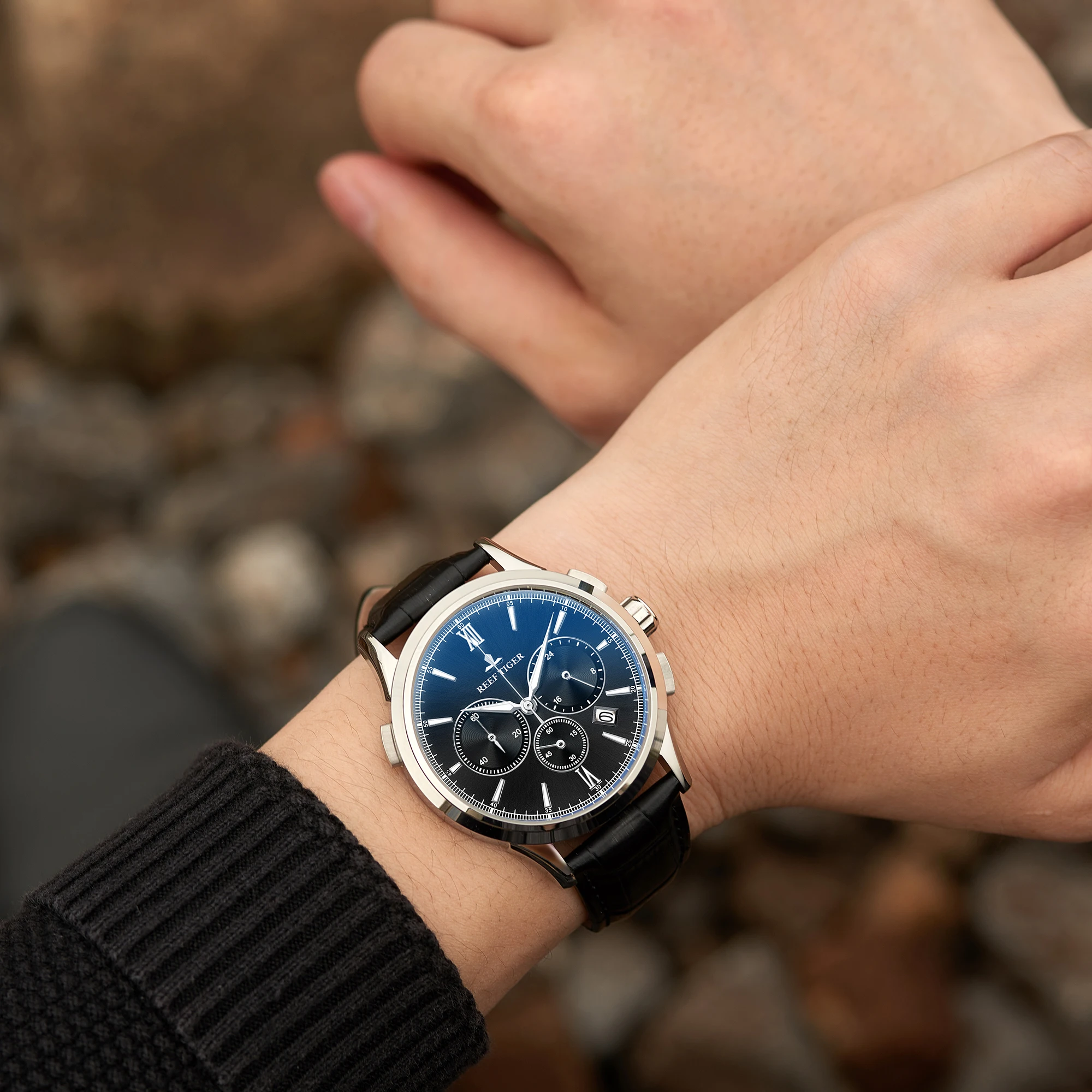 Reef Tiger Orologio cronografo da uomo 43MM Orologio da polso al quarzo 50M Specchio zaffiro impermeabile luminoso