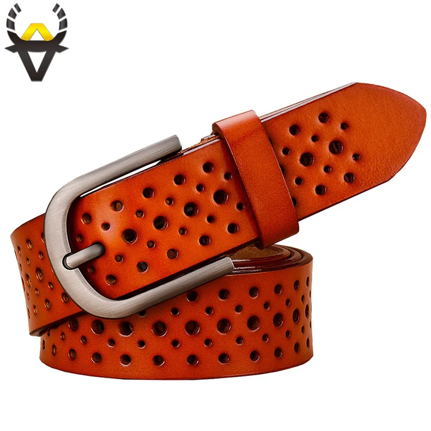 

Fashion holes genuine leather belts for women Wide pin buckle woman belt Quality second layer cow skin strap female Width 3.3 cm