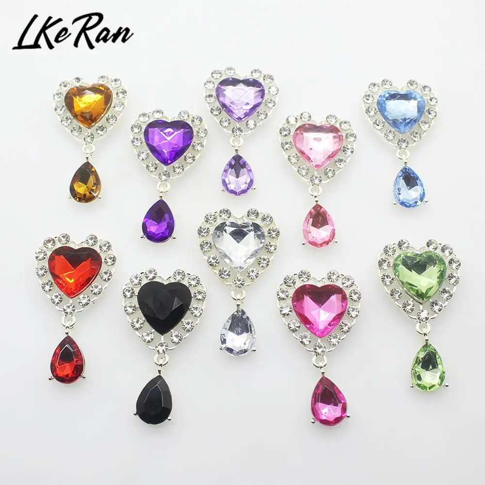 Direct sales2Pcs 25*45mm Heart Acrylic Rhinestone Pendants Buttons Wedding Decoration Diy  Flat back Brooch Hair Bow Jewelrywhol