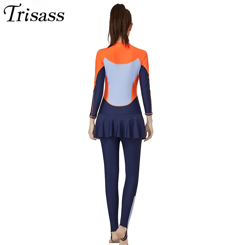 Trisass 2020 New Women One Piece Skirt Swimsuit L-3XL Sport Swimwear Long Sleeve Bodysuit Long Pants Surf suit With Zipper