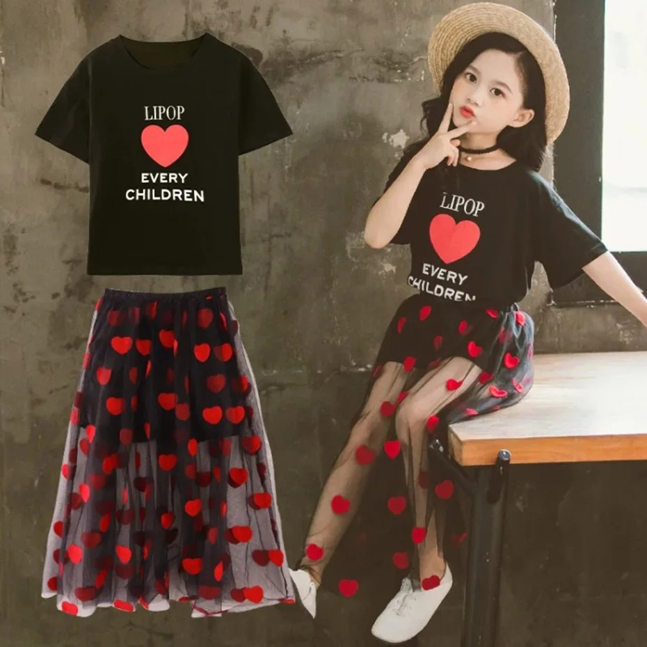 Summer Children's Clothing Sets for Girls Cotton Heart Shirts + Skirts 2pcs Sets School Clothes Sets for Girls 3 5 7 9 11 Years