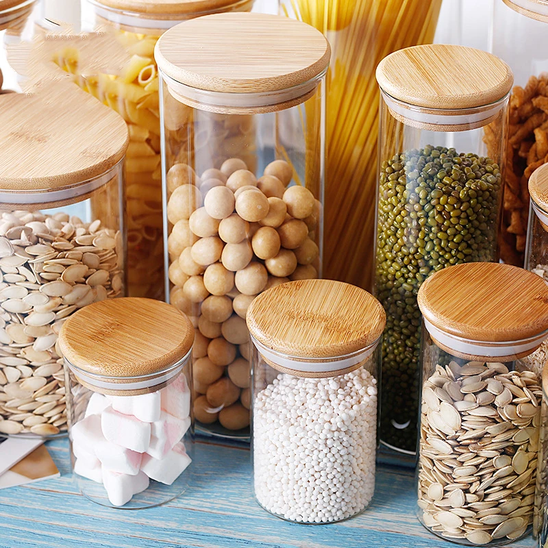 Transparent Food Storage Jars With Bamboo Lid Kitchen Storage Glass Sealed Cans Food Storage Tank Tea Canister