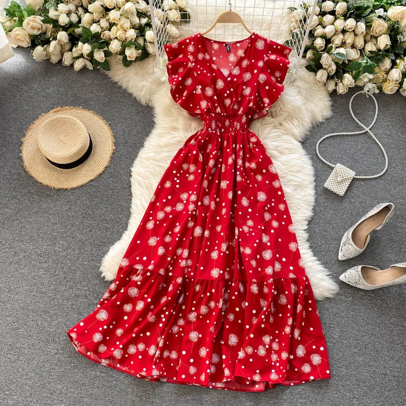 2021 floral v-neck babados manga chiffon vestido de festa verão manga curta elástico cintura impressão midi vestido boho praia maxi vestido