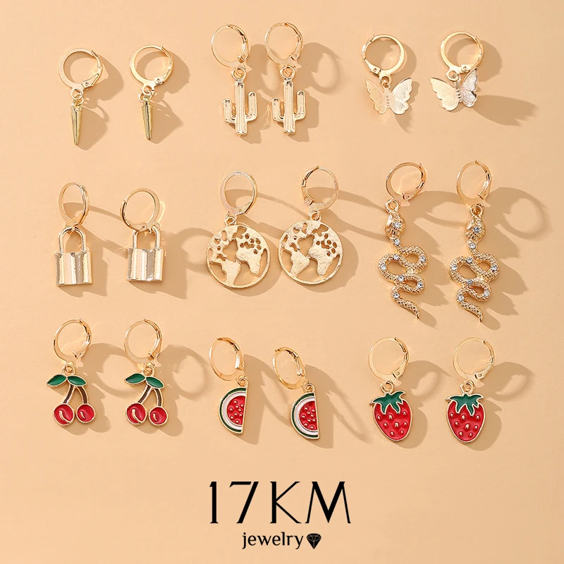 17KM 9Pairs/Set Cute Fruit Earrings Set For Women Gold Map Snake Animals Earring Lock Cherry Butterfly Earrings Jewelry Gifts