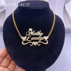 AurolaCo Custom Name Necklace Stainless Steel Cuban Chain Necklace with Heart Custom Two Names Choker Necklace Jewelry Best Gift