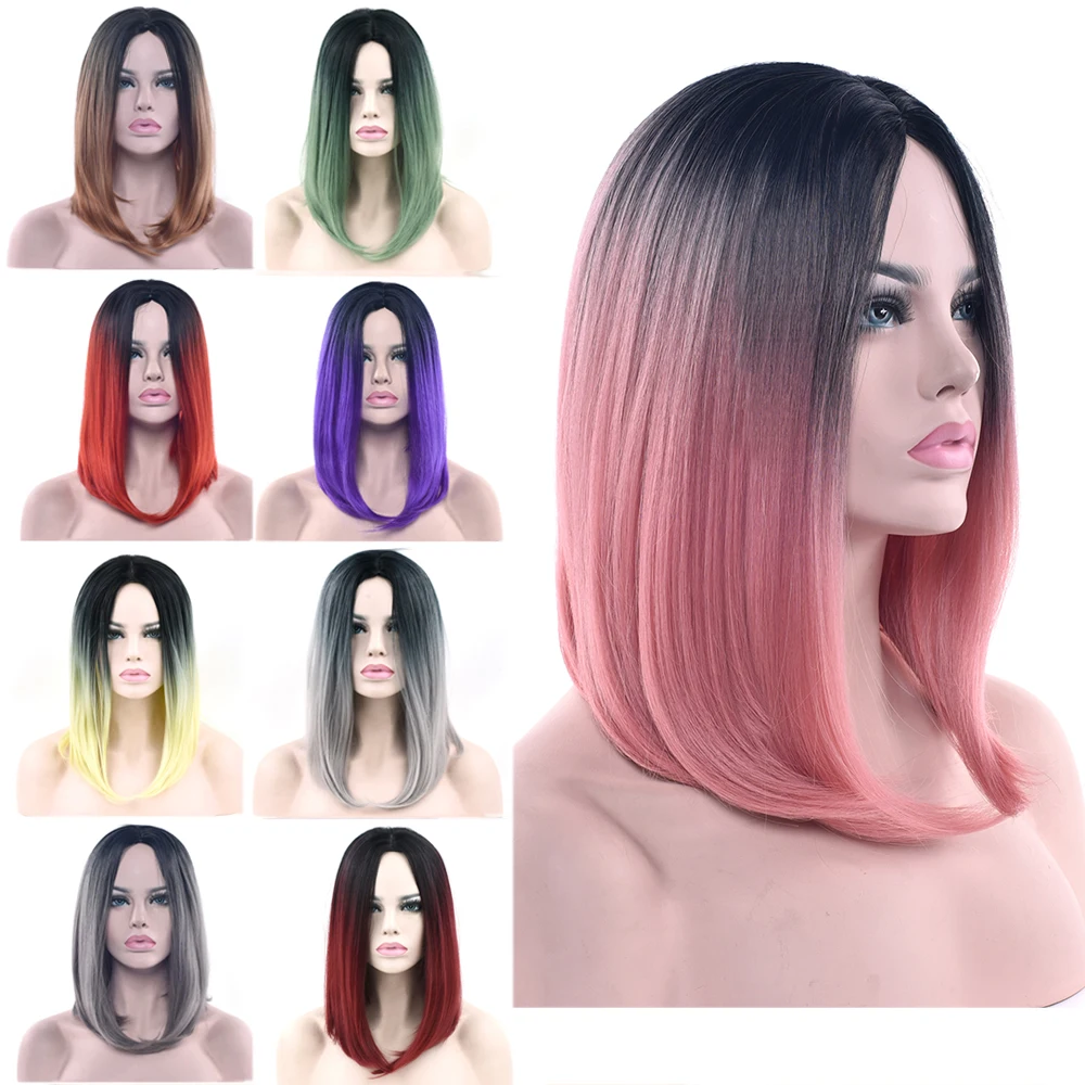 Soowee 11 Colors Black To Pink Ombre Hair Straight Bob Wigs Synthetic Hair Short Party Hair Cosplay Wig for Women