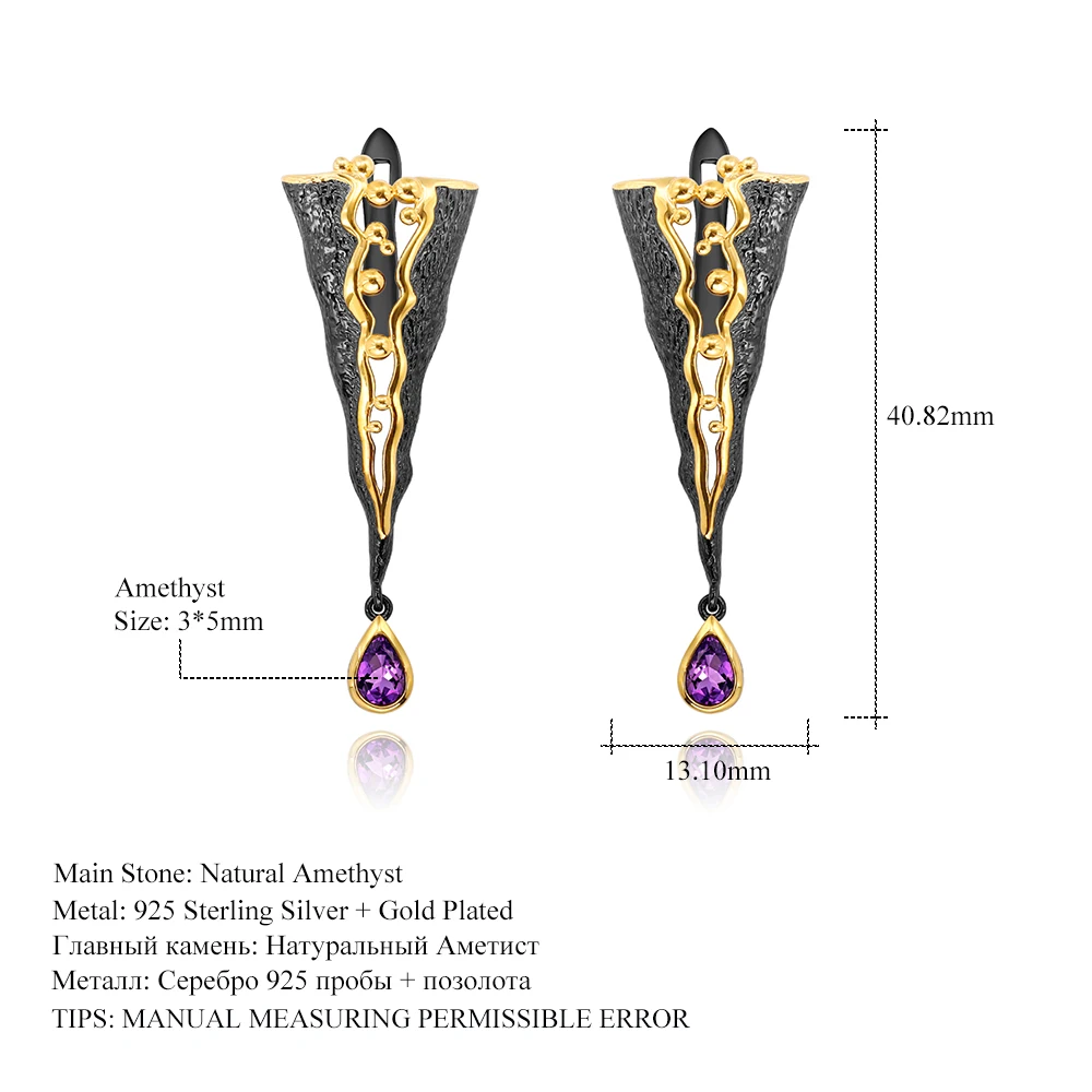 GEM\'S BALLET 925 Sterling Silver Handmade Golden Bead Honey Raindrop Triangle Natural Amethyst woman’s statement Earrings Jewelr