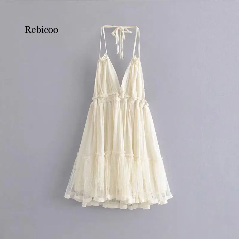 

Women Dress Summer Polyester Lace Stitching Deep V-Neck Halter Halter Dress Ms Summer Sexy Temperament Dress