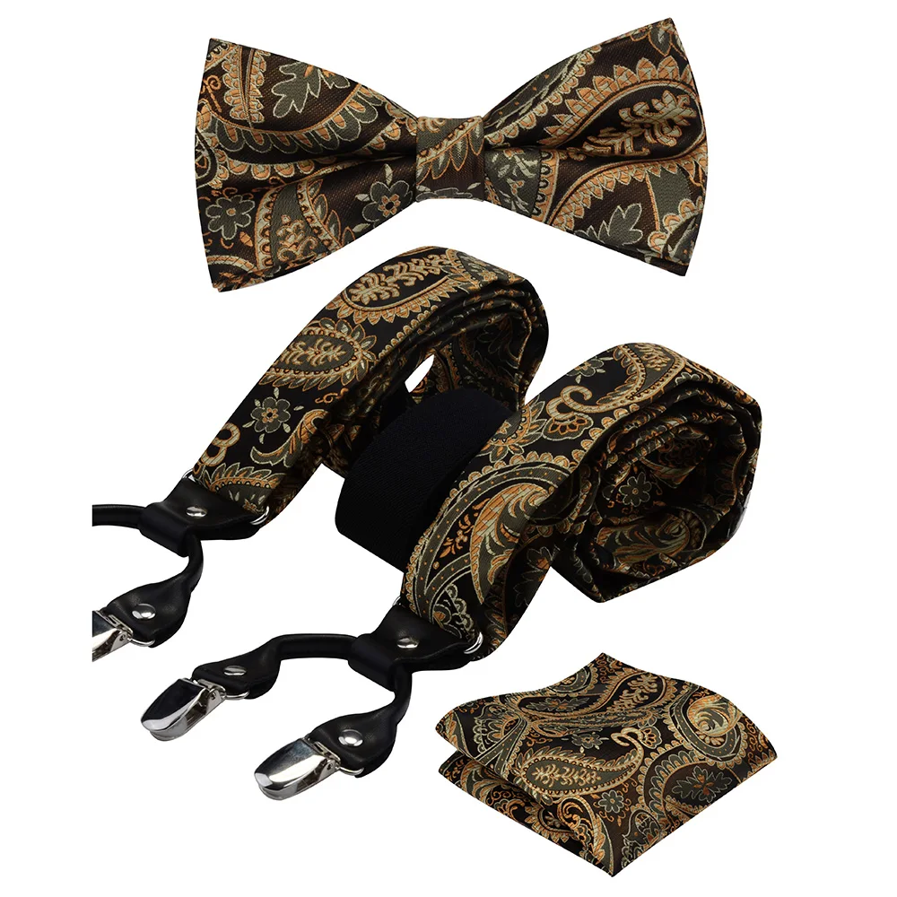 GUSLESON Mens Jarretel Bloemen Paisley Diverse Bretels Klassieke 6 Clips Y-vorm Bretels Bowtie en Pocket Vierkante Set