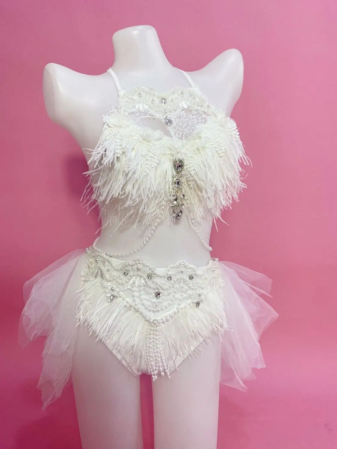 Bar Nightclub DJ Dancer Pole Dancing Costume White Feather Rhinestones LED Bikini Set Club Party Rave Show Performance Clothes